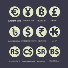 World currency symbol and coins set