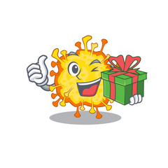 Smiley minacovirus cartoon character having a gift box