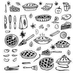American apple pie. Ingredients, knife for peeling vegetables, flour, spatulas, shovels, spoons, vanilla sticks, kitchen utensils, dishes, loose spices. Doodle vector illustration all objects isolated - obrazy, fototapety, plakaty