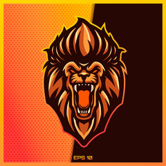 Angry brown lion roar text esport and sport mascot logo design in modern illustration concept for team badge emblem and thirst printing. Lion illustration on Brown Gold Background. Vector illustration