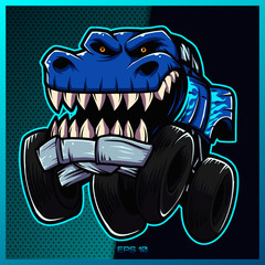 Monster truck esport and sport mascot logo design in modern illustration concept for team badge, emblem and thirst printing. Monster Truck illustration on Light Blue Background. Vector illustration