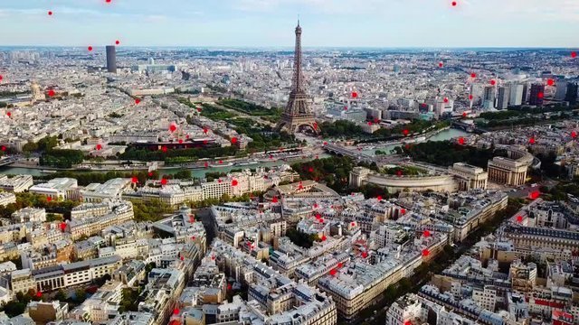 Coronavirus outbreak on Paris city background, aerial view of bacteria spreading on streets and homes in France, 3d Motion graphics animation