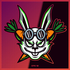 White rabbit with carrot esport and sport mascot logo design in modern illustration concept for team badge, emblem and thirst printing. Bunny illustration on Pink Purple Background.Vector illustration
