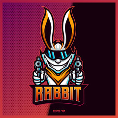 Rabbit with two guns esport and sport mascot logo design in modern illustration concept for team badge, emblem and thirst printing. Bunny illustration on Pink Purple Background. Vector illustration