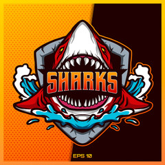 Red Shark bit text roaring esport and sport mascot logo design in modern illustration concept for team badge emblem and thirst printing. Shark roar illustration on Gold Background. Vector illustration