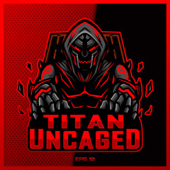 Red Titan Monster esport and sport mascot logo design in modern illustration concept for team badge, emblem and thirst printing. Red Monster illustration on Dark Red Background. Vector illustration