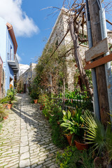 winding streets and old houses with flowers in pots in the traditional village of Lefkara on the island of Cyprus