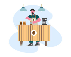 Coffee barista make coffee with coffee machine flat illustration