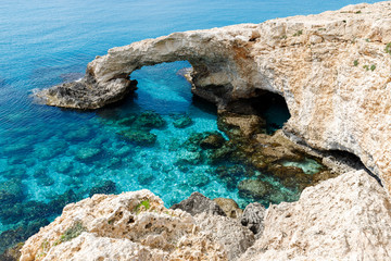 blue lagoons of Cyprus, beautiful turquoise sea, white rocks, bridge of lovers