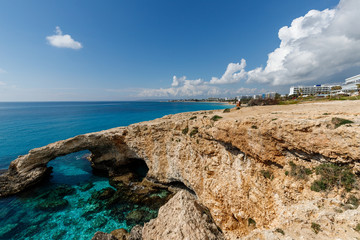 blue lagoons of Cyprus, beautiful turquoise sea, white rocks, bridge of lovers