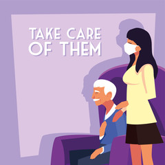 woman take care of old man, label take care of them