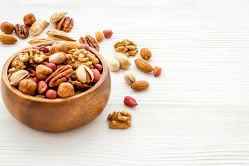 Mixed nuts in bowl - healthy snack - on white background copy space