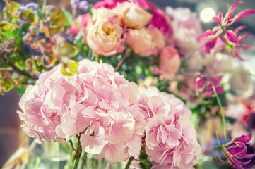 Naklejka na ściany i meble Pink hydrangea flower hydrangea macrophylla in a beautiful romantic bouquet. Close-up. Selective focus