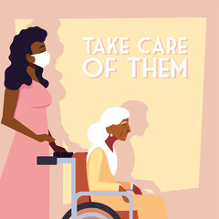 young takes care of old woman, label take care of them
