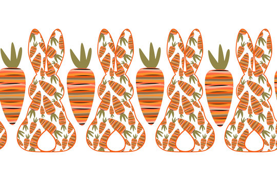 .Easter bunny silhouette (back view) and striped carrots. Vector seamless border pattern. Easter design.
