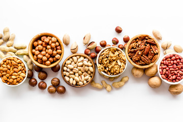 Set of macadamia, hazelnut, walnut, almond, pistachio, pecans nuts on white background top-down...