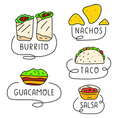 Mexican traditional food. Burrito, nachos, taco, guacamole, salsa. Set of vector hand drawn illustrations on white background. Concept for cafe, restaurant.