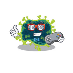 Cool gamer of beta coronavirus mascot design style with controller