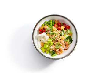 Bowl of couscous with shrimp and vegetables
