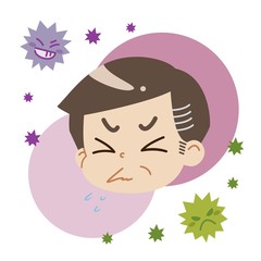 クシャミをしている中年男性とウイルスのイラスト