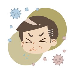 クシャミをしている中年男性とハウスダストのイラスト