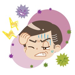 頭痛を患っている中年男性とウイルスのイラスト
