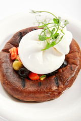 Burrata with borodino focaccia closeup view
