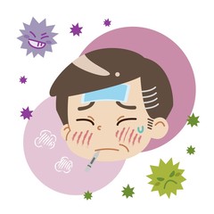 熱が出ている中年男性とウイルスのイラスト