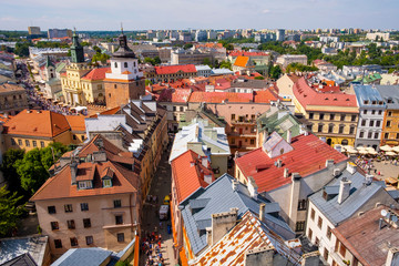 Lublin, Poland - Panoramic view of historic old town quarter with Cracow Gate tower - Brama...