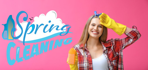 Portrait of beautiful woman with brush and text SPRING CLEANING on color background