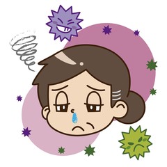 鼻水が出ている中年女性とウイルスのイラスト
