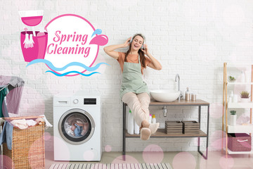 Beautiful young housewife washing laundry at home. Spring cleaning