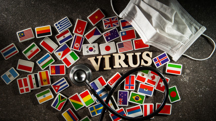 World flags, medical masks and virus words