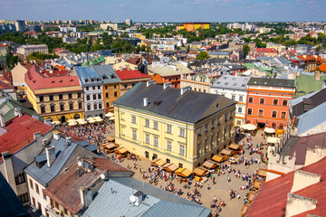 Lublin, Poland - Panoramic view of old town quarter with market square and historic XVI century High Royal Court building - Trybunal Glowny Koronny - obrazy, fototapety, plakaty