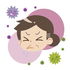 クシャミをしている中年女性とウイルスのイラスト