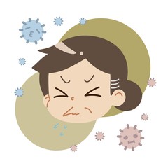クシャミをしている中年女性とハウスダストのイラスト