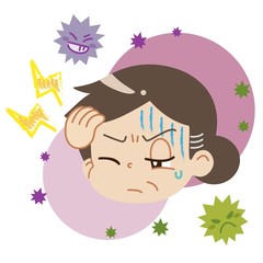 頭痛を患っている中年女性とウイルスのイラスト