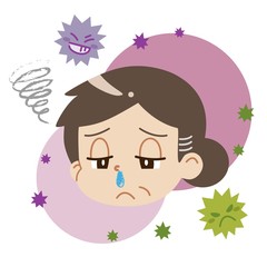 鼻水が出ている中年女性とウイルスのイラスト