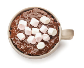 Chocolate mug cake on white background