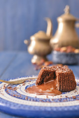 Tasty chocolate cake on plate, closeup
