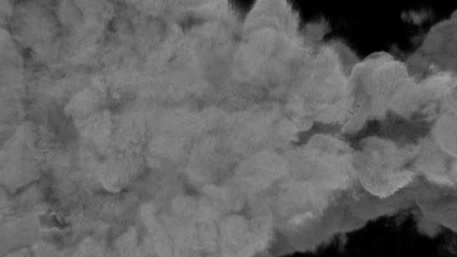 Animated burst of fire or impulses of flames with dense black smoke as if from failing jet engine or rocket buster wide nozzle. Black background, mask included.