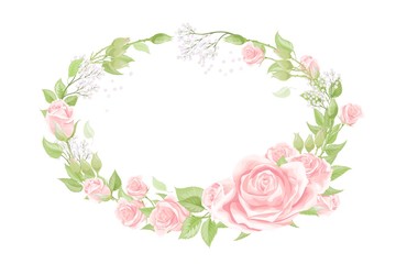 Valentines day postcard wreath with cream pink rose flowers bouquet