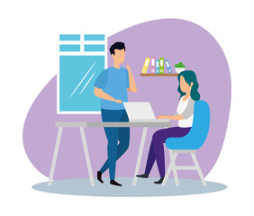 scene of coworking with couple in workplace vector illustration design