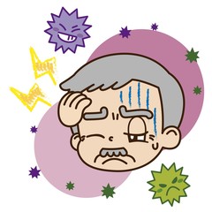 頭痛を患っている高齢男性とウイルスのイラスト