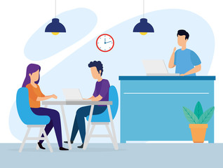 scene of coworking with people in workplace vector illustration design