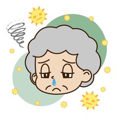 花粉症で鼻水が出ている高齢女性と花粉のイラスト