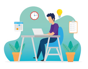 man working in workplace with computer and icons vector illustration design
