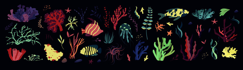 Fototapeta na wymiar Underwater sea world dwellers, flora and fauna elements. Algae, coral reef, kelp. Vector cartoon illustration. 