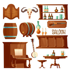 Cowboy saloon, western retro bar furniture and stuff set. Wooden swing door, table, chair and piano, counter desk with beer taps, wine barrel, banjo and skull, Cartoon vector illustration, clip art