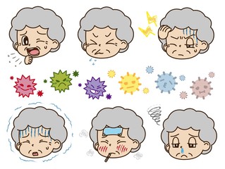 体調不良の高齢女性とウイルス・ハウスダストのイラストセット